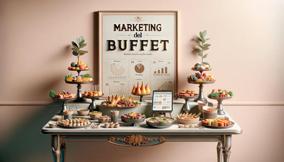 Buffet con un panel de marketing